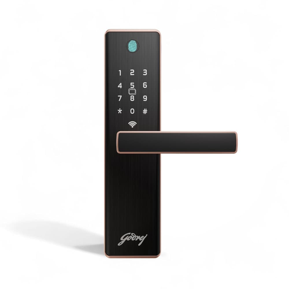 Godrej Smart Lock | Neo Connect Digital Lock for Wooden Door| WiFi, Fingerprint, PIN, RFID Card, Mobile App, Mechanical Key | 5 in 1 Access | 3 Dead Bolts | Rose Gold | 3Yrs Warranty Free Installation | 9688